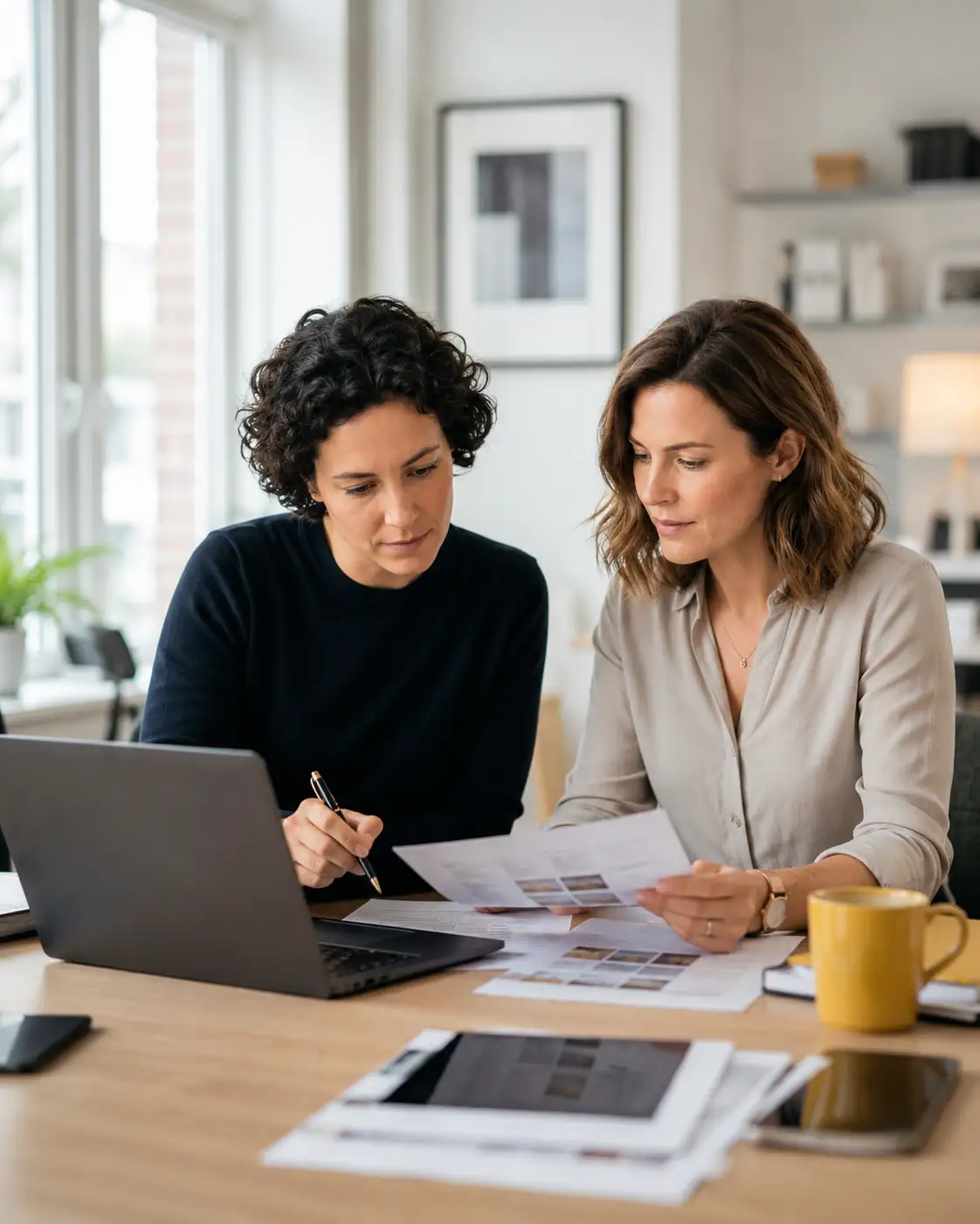Two people reviewing project materials together