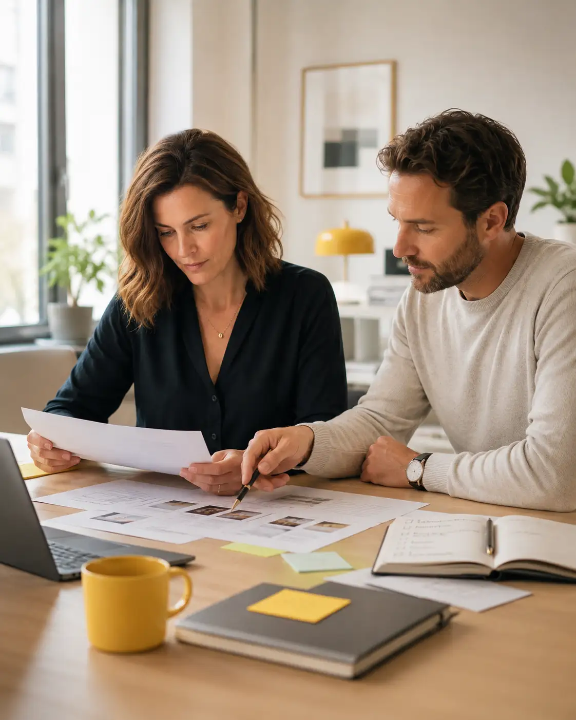 Two people reviewing website project notes